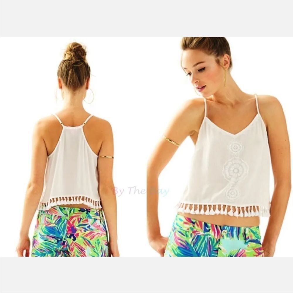 LILLY PULITZER WHITE EMBROIDERED TASSLE CROP TOP SLEEVELESS TOP RESORT XS
